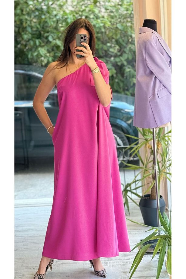 Pembe Tek Omuz Uzun Boy Elbise - 3