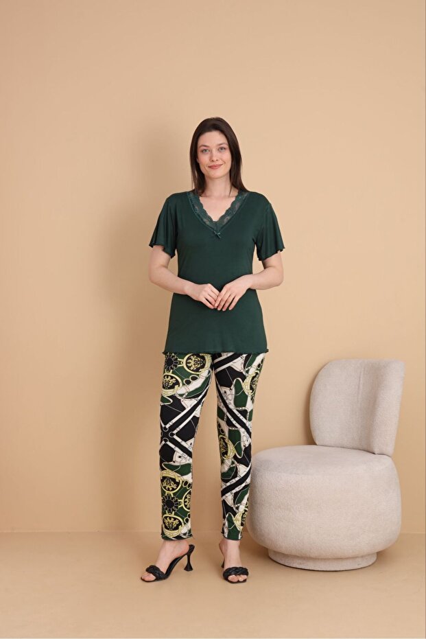 2-Piece Combination V-Neck Lace Detailed Bamboo Pajama Set