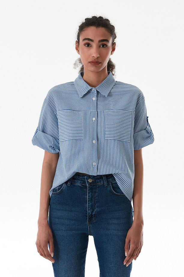 Çizgili Body Detaylı Çift Cepli Crop Gömlek - 8