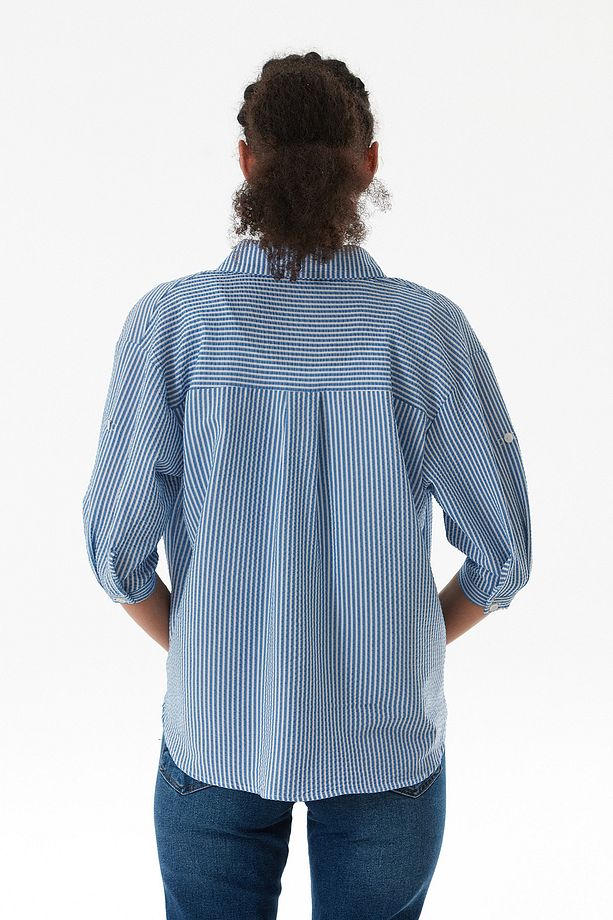 Çizgili Body Detaylı Çift Cepli Crop Gömlek - 4