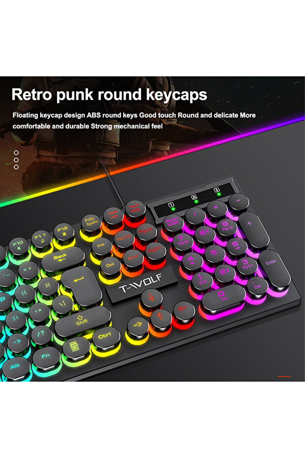 لوحة مفاتيح وماوس بإضاءة خلفية RGB Punk مكونة من 104 مفاتيح، لوحة مفاتيح ألعاب ذات إحساس ميكانيكي مع أغطية مفاتيح كلاسيكية - 5