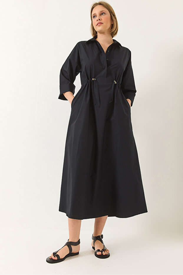 Women's Black Waist Adjustable Half Sleeve Button Closure Long Poplin Dress 60283194