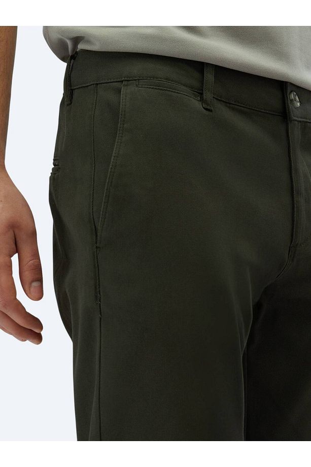 Haki Düz Dokuma Regular Fit Casual Pamuk Karışımlı Pantolon - 4