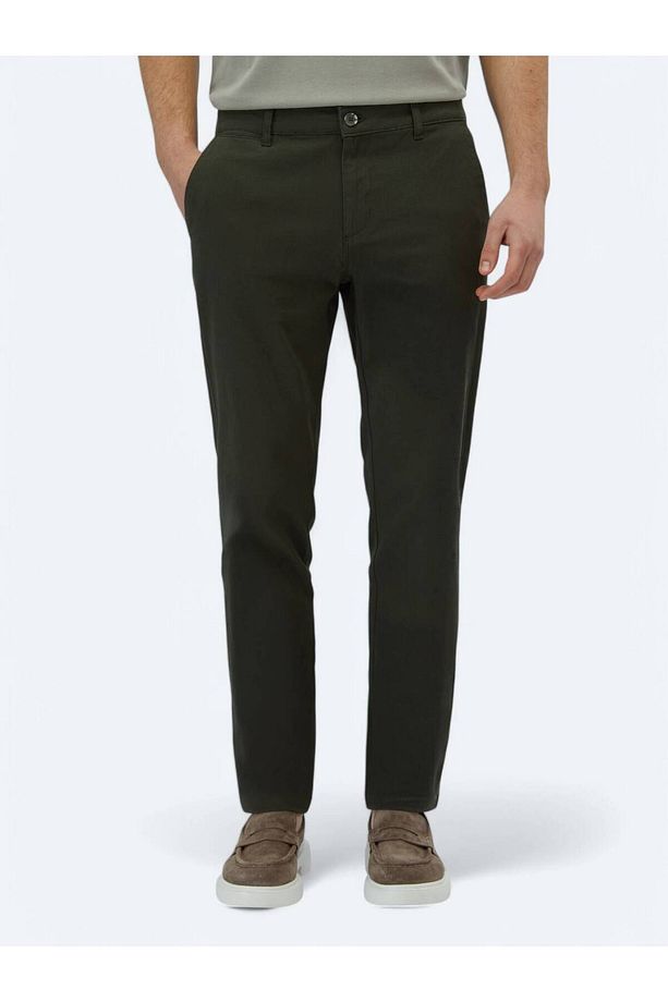 Haki Düz Dokuma Regular Fit Casual Pamuk Karışımlı Pantolon - 2