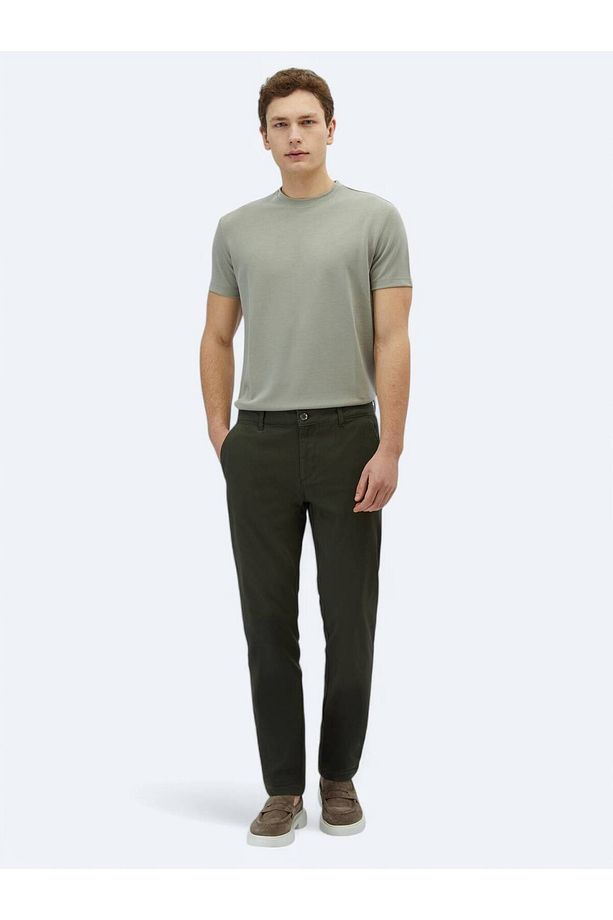 Haki Düz Dokuma Regular Fit Casual Pamuk Karışımlı Pantolon - 1