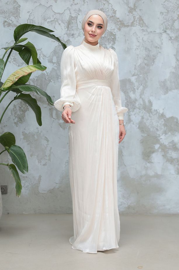 Drape Detaylı Ekru Tesettür Abiye Elbise 50921E - 2