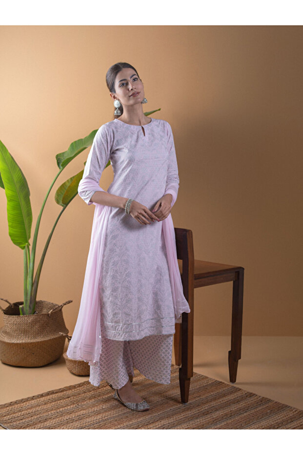 Printed Straight Kurta with Palazzo and Chiffon Solid Dupatta Set - 3