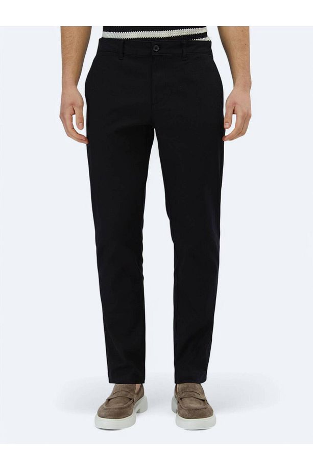 Siyah Düz Dokuma Regular Fit Casual Pamuk Karışımlı Pantolon - 2