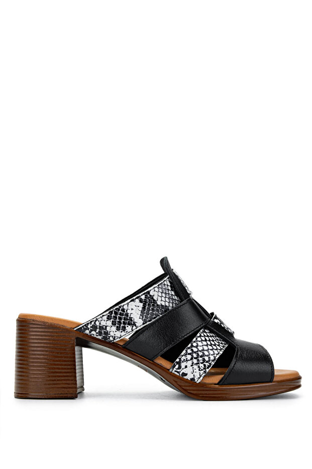Women's Genuine Leather Black Heeled Slippers