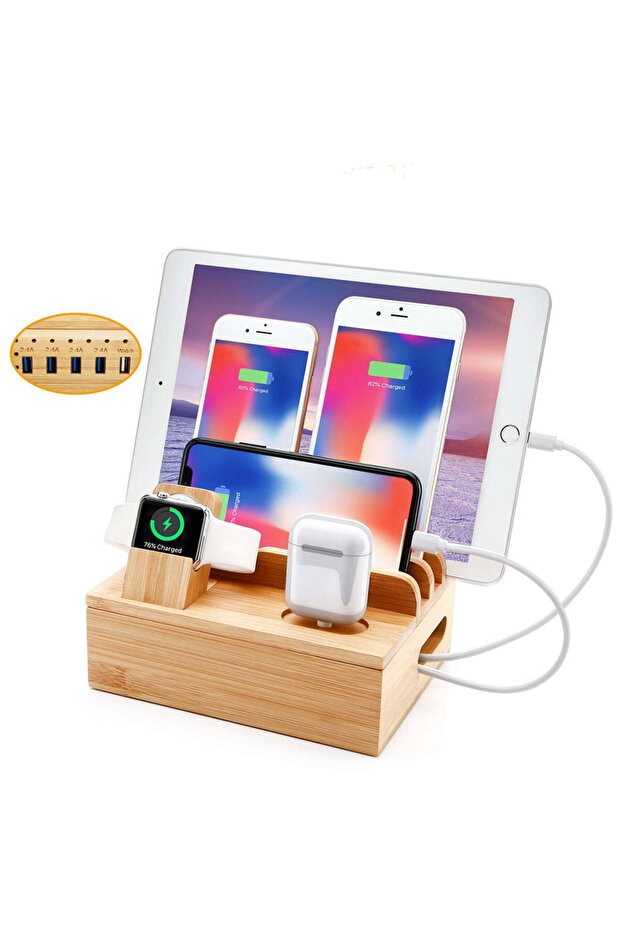 Bamboo Charging Station with 5 USB Ports, for Tablet, Headset, Mobile Phones, 25W