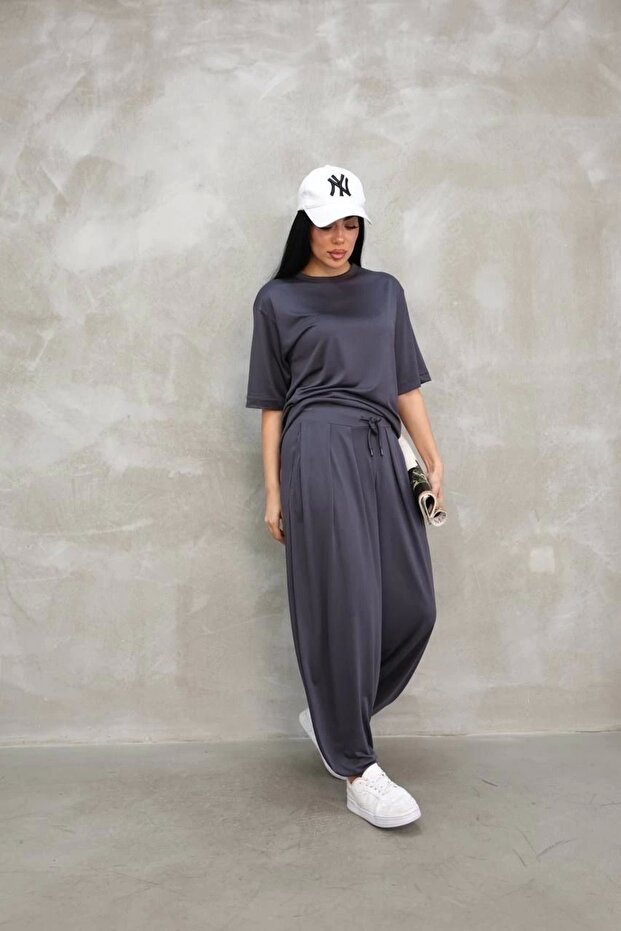 Soft Textured Fabric Oversize Crew Neck T-Shirt Jogger Sweatpants Tracksuit Set-Anthracite
