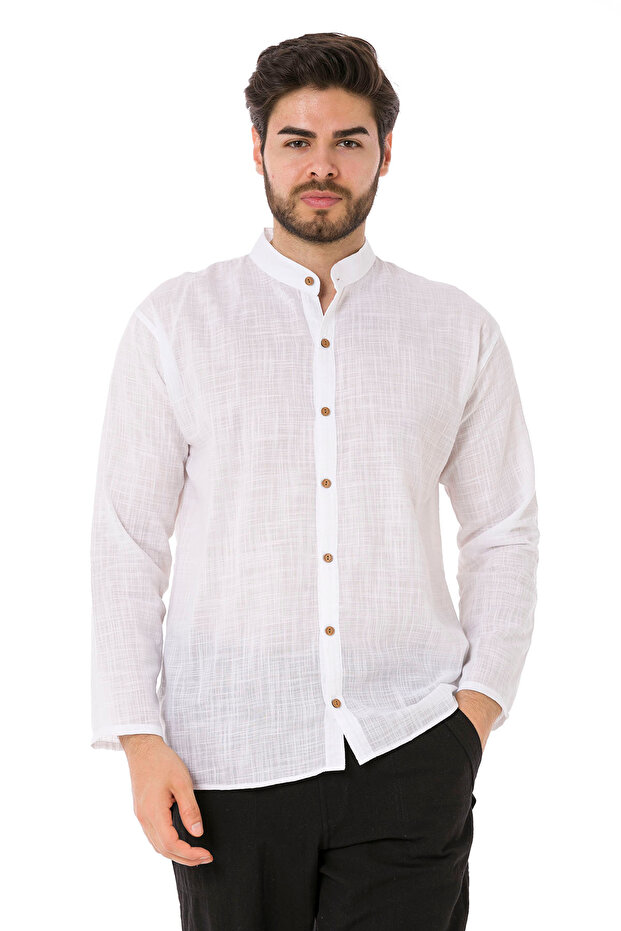 Slouched Collar Long Sleeve Men's Shirt-4550