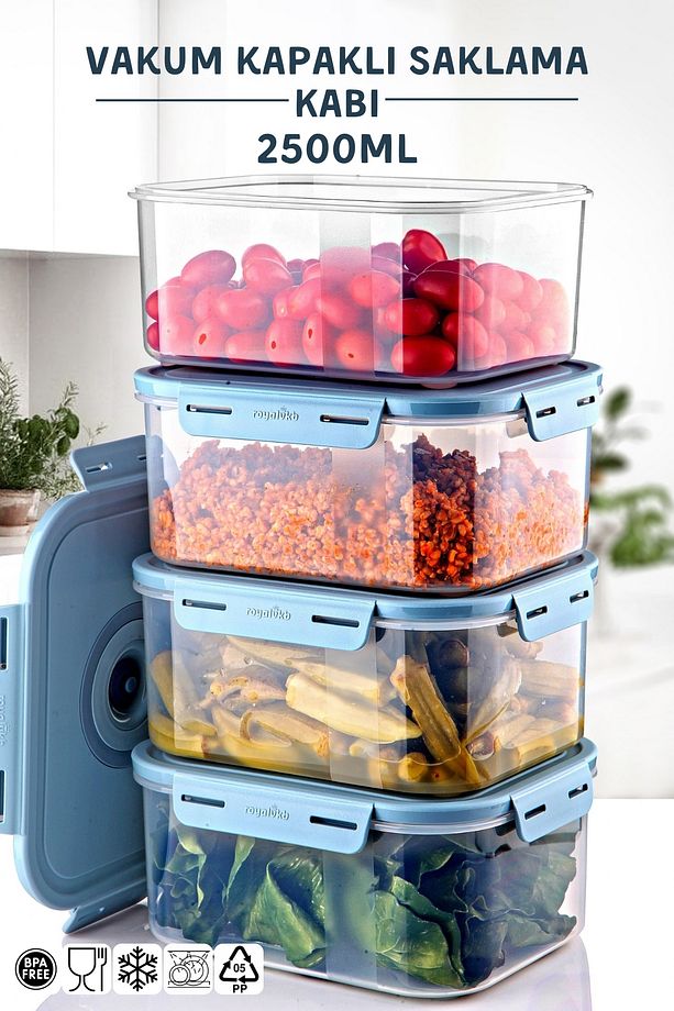 4'Lü Set Vakum Kapaklı Mikrodalga ve Difrizde Kullanılabilen Saklama Kabı 2500ML. - 1