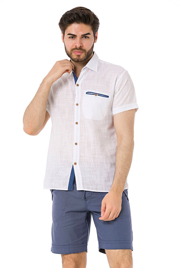 Men's Short Sleeve Shirt Blue with Garnish / Collar Detail - 4530