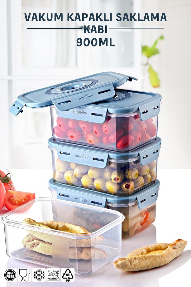 4'Lü Set Vakum Kapaklı Mikrodalga ve Difrizde Kullanılabilen Saklama Kabı 900ML. - 1