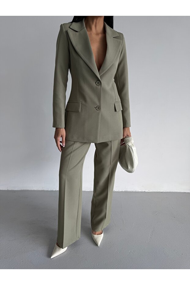 Women's Waist Fitted Slit Blazer Jacket Pants Set