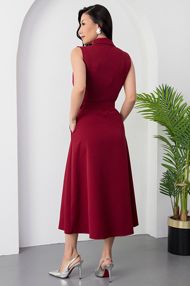 Boydan Düğmeli Yakalı Kemerli Elbise DKS1124 - 7