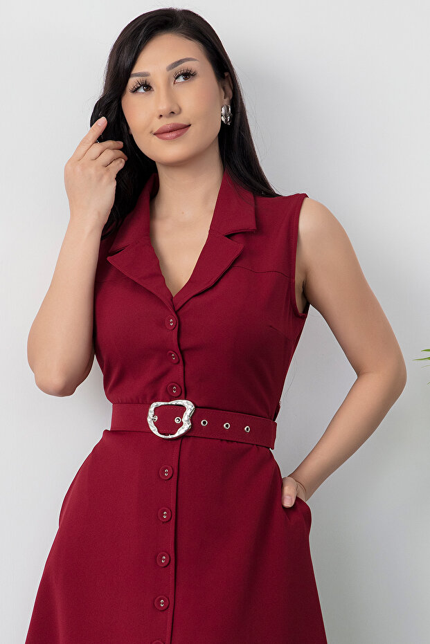 Boydan Düğmeli Yakalı Kemerli Elbise DKS1124 - 2