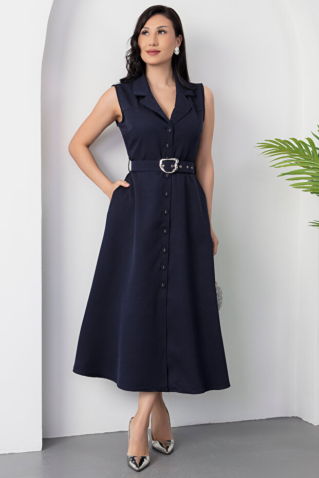 Boydan Düğmeli Yakalı Kemerli Elbise DKS1124 - 5