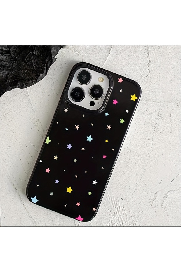 حافظة لهاتف آيفون 15 بلس باللون الأسود الفاخر - مقاومة للصدمات، مع نمط نجمة ملون - 3