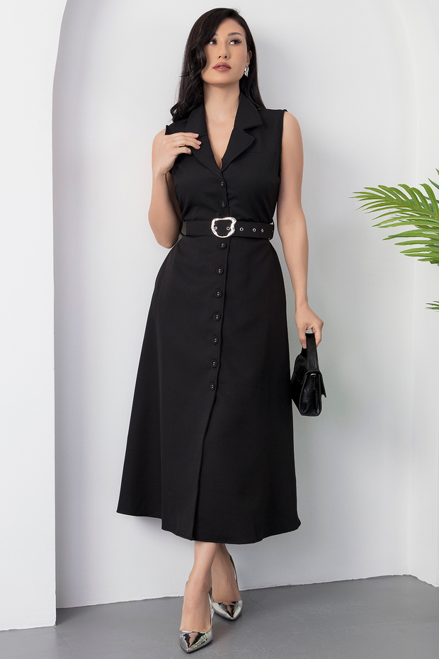 Boydan Düğmeli Yakalı Kemerli Elbise DKS1124 - 1