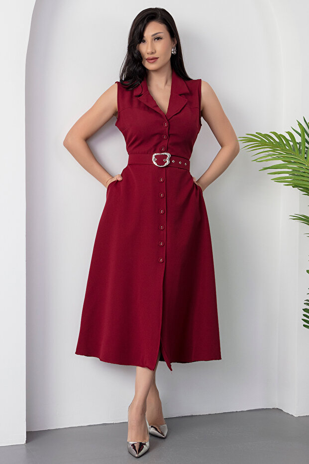 Boydan Düğmeli Yakalı Kemerli Elbise DKS1124 - 5