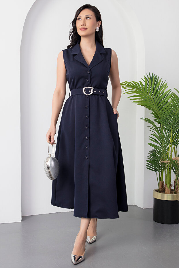 Boydan Düğmeli Yakalı Kemerli Elbise DKS1124 - 3