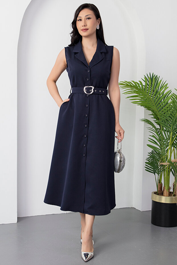 Boydan Düğmeli Yakalı Kemerli Elbise DKS1124 - 1