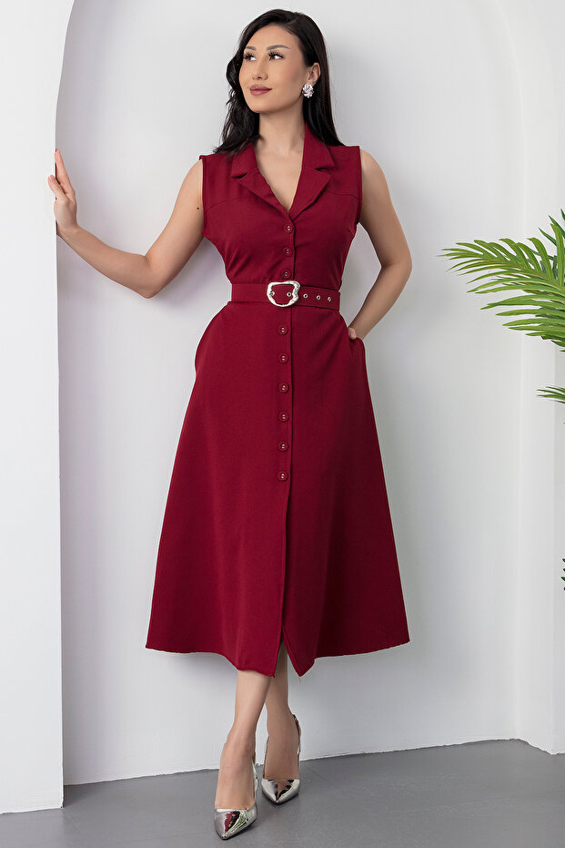 Boydan Düğmeli Yakalı Kemerli Elbise DKS1124 - 6