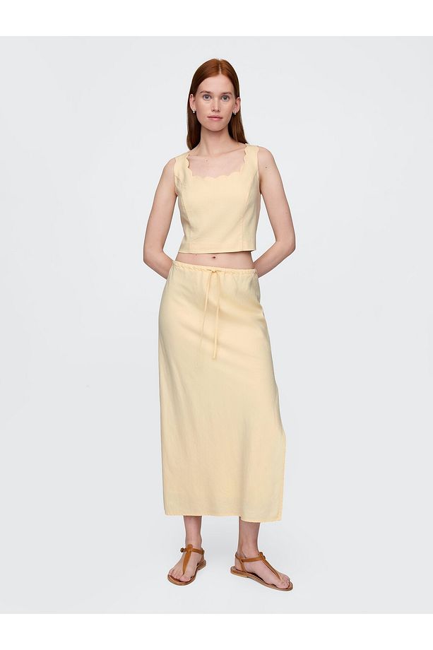 Kadın Bej Linen-Blend Midi Etek - 1