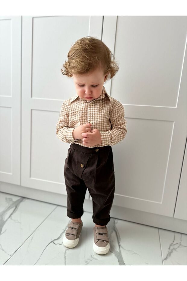 Poti Checked Shirt Cotton Coffee Set Top and Bottom