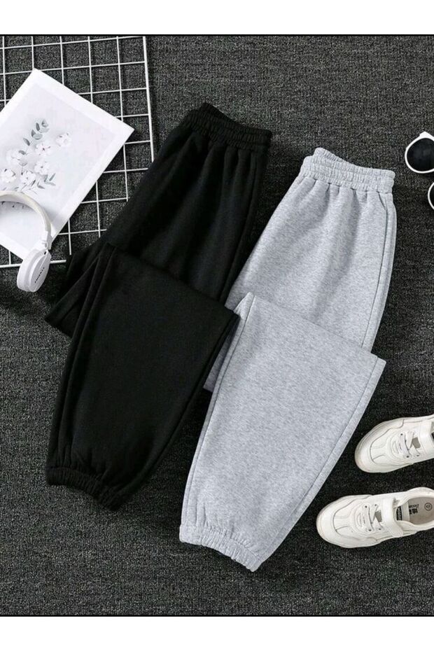 2-Pack Black Gray Rubber Leg Comfortable Wear Casual Seasonal Two Thread Sweatpants Six Unisex