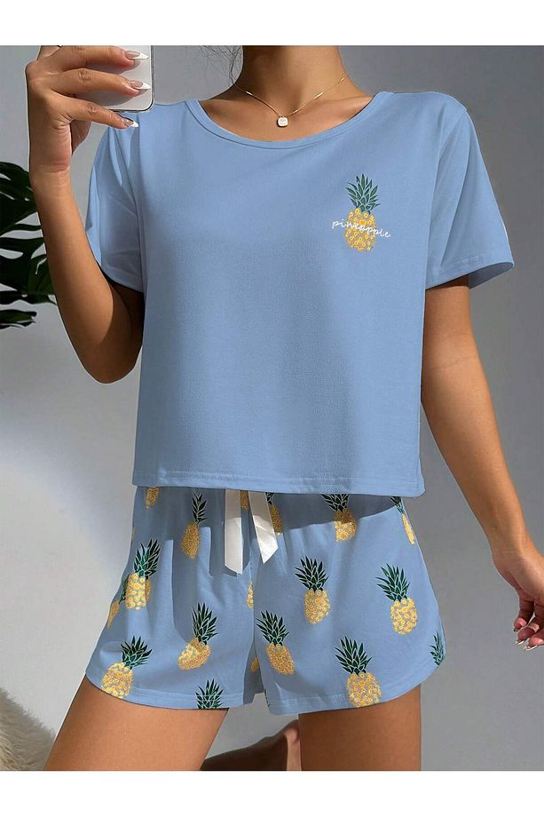 Ananas Desenli Yuvarlak Yaka Üst ve Şort Pijama Takımı - 1