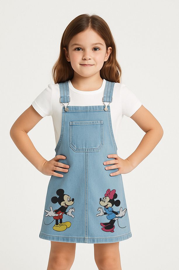 2-8 Yaş Kız Çocuk Mickey Minnie Baskılı Kot Jile Elbise | Askılı Jean Salopet Yazlık Elbise - 1