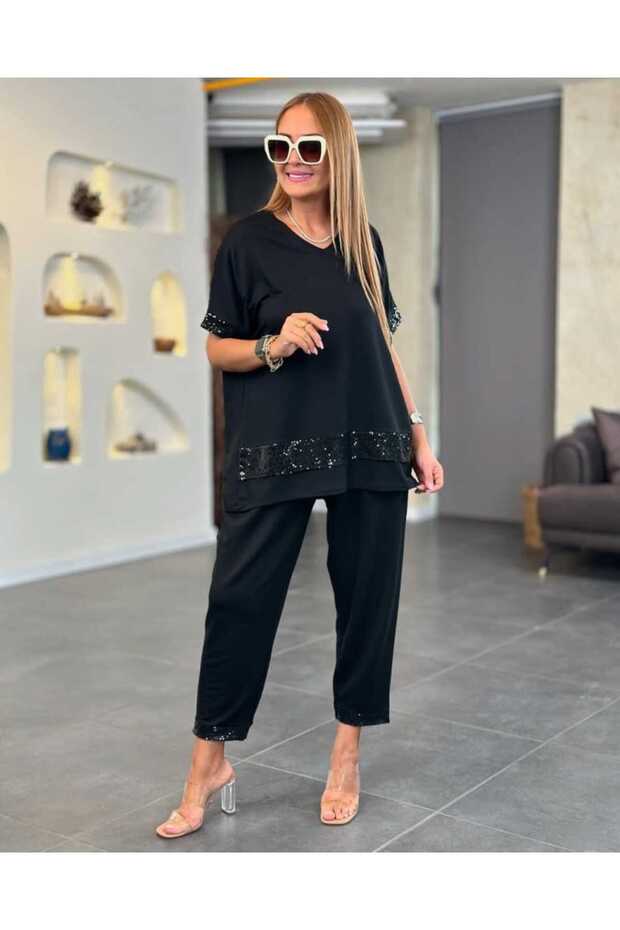 Women's Sequin Sequin Detailed V-Neck Short Sleeve Large Size Two-Piece Set