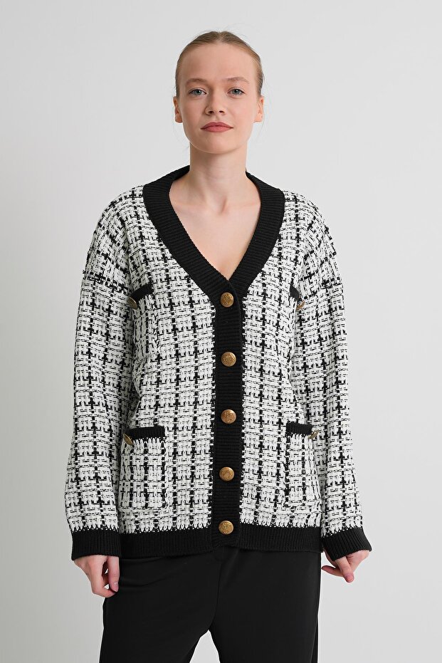 PATTERNED POCKETED KNIT CARDIGAN (A91022-S)