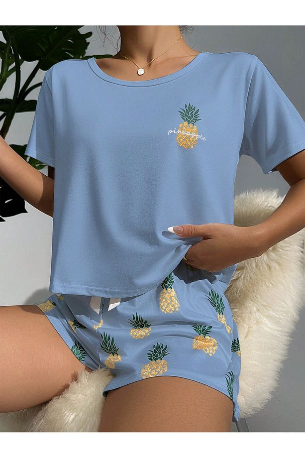 Ananas Desenli Yuvarlak Yaka Üst ve Şort Pijama Takımı - 3