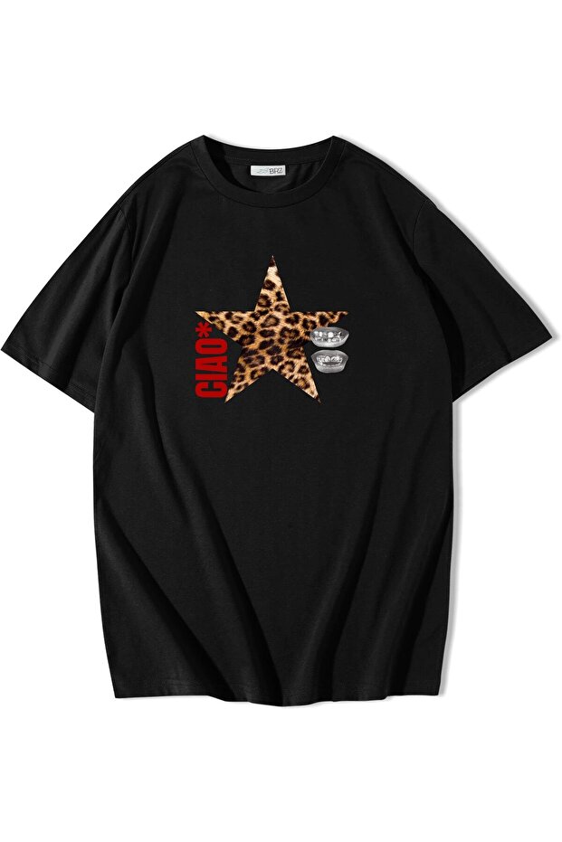 Women's Oversized Ciao Leopard Star Patterned T-Shirt