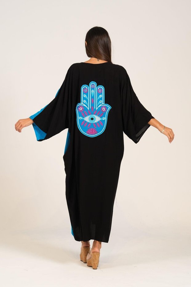 Women's Blue Black Garnished V-Neck Long Shirt Dress with Chest and Back Embroidery Pockets