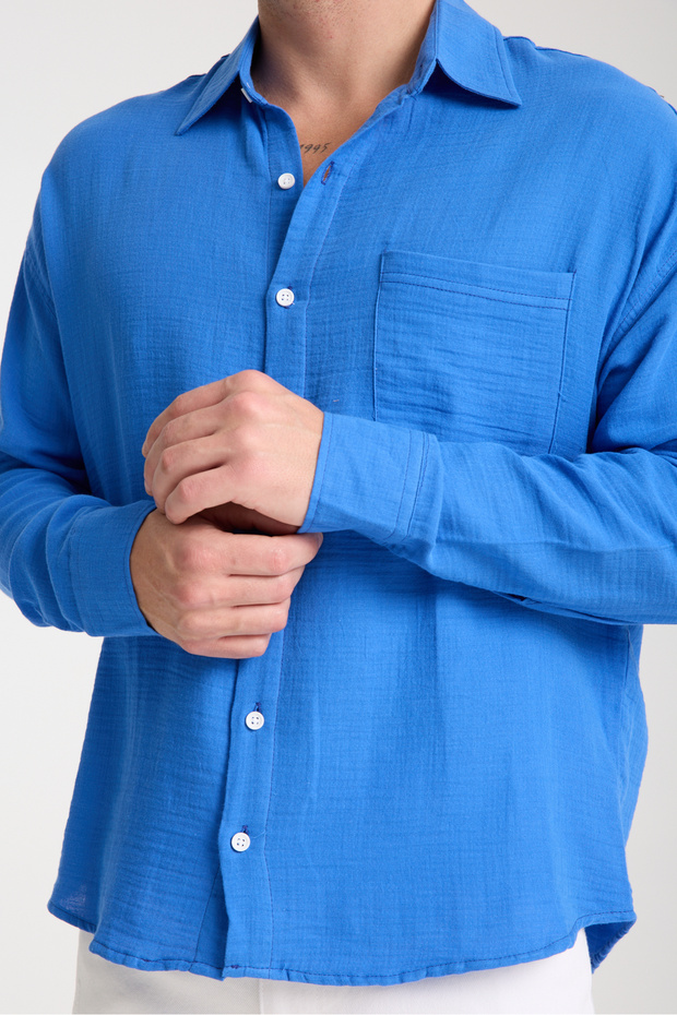 Baby Boy Blue 100% Cotton Linen Textured Muslin Fabric Long Sleeve Oversize Shirt with Pockets