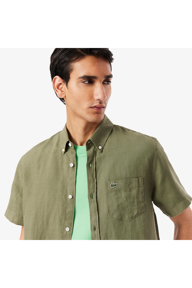 Erkek Regular Fit Kısa Kollu Düğmeli Yaka Keten Haki Gömlek - 5