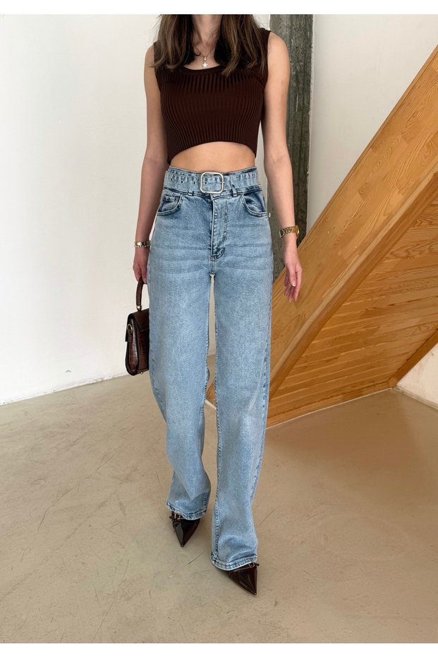 Women's Blue Belted High Waist Wide Leg Palazzo Jeans
