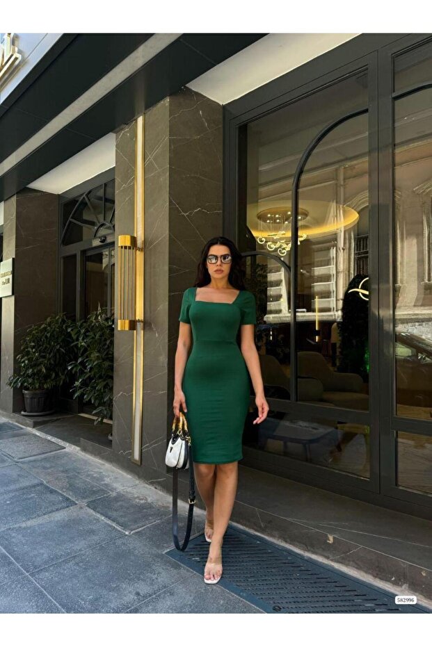 Square Neck Mini Basic Dress 582996 Emerald - 1