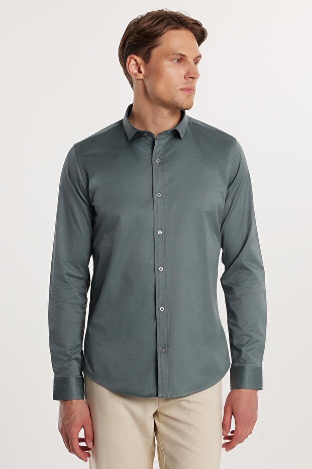 Slim Fit Long Sleeve Lycra Plain Cotton Satin Men's Green Shirt