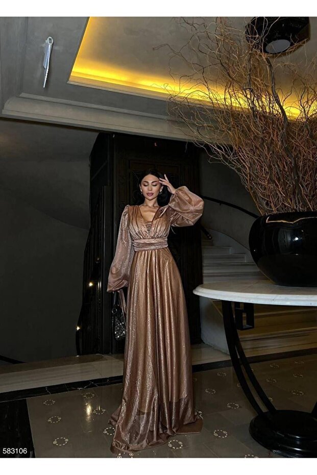 Glittery Tulle Evening Dress 583106 Taupe