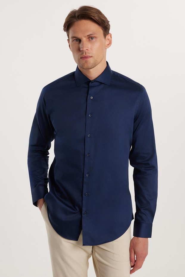 Slim Fit Long Sleeve Cotton Satin Premium Series Men's Navy Blue Shirt