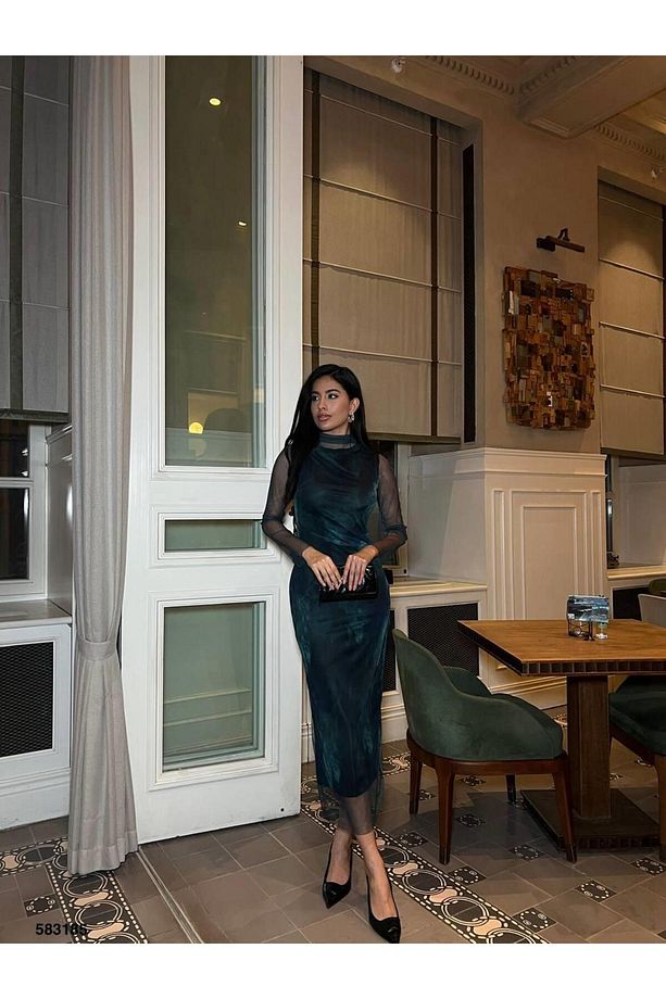 Yeni Model Tül Astarli Elbise 583185 Zumrut - 4