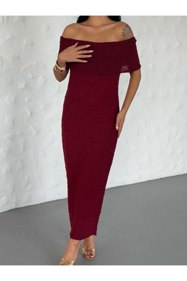 Women's Burgundy Madonna Collar Textured Long Knitwear Dress