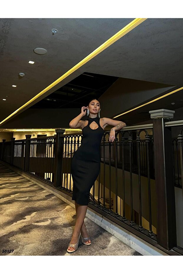 Scuba Kumaş Elbise 58127 Siyah - 3