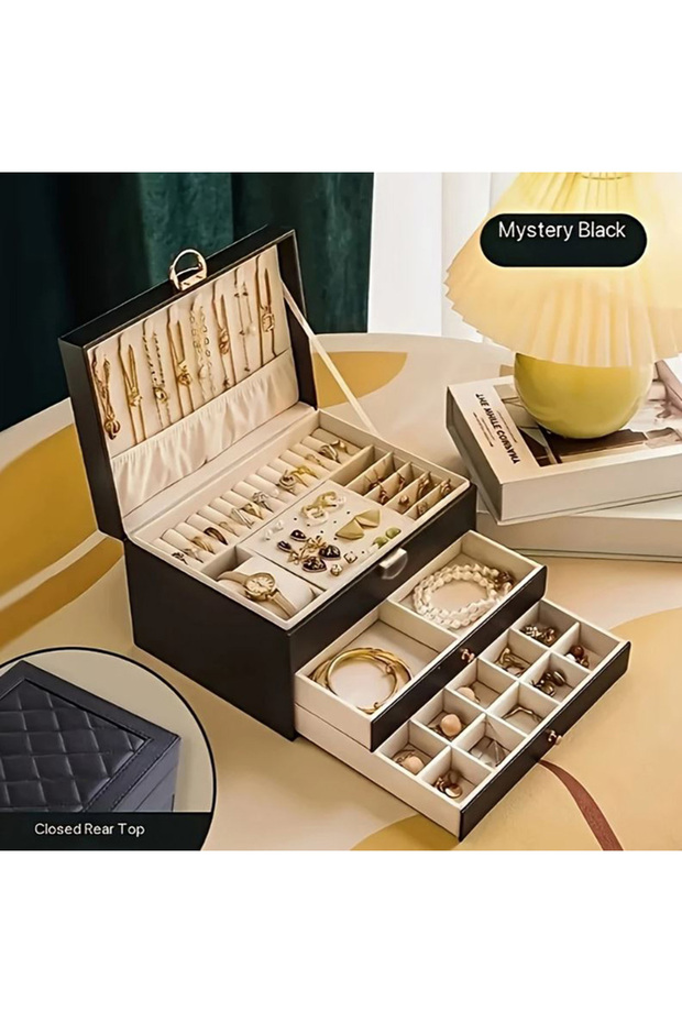 Double Drawer Faux Leather Black Jewelry Box with Key
